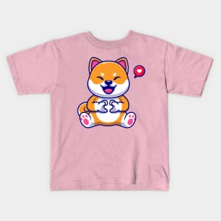 Cute Shiba Inu Dog With Love Sign Hand Cartoon Kids T-Shirt